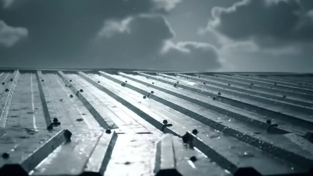 Raining day on a steel sheet roofs with cloudy sky creating atmosphere and cold feeling