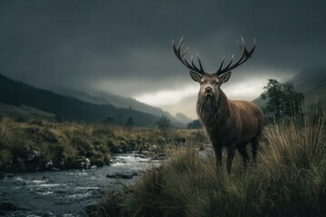 Majestic red deer stag stands in a serene, misty landscape.