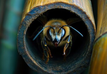 Obraz premium Close-Up of a Bee Emerging from a Bamboo Hollow with Intricate Details on Its Body, Wings, and Antennae Captured in Stunning Clarity and Focus