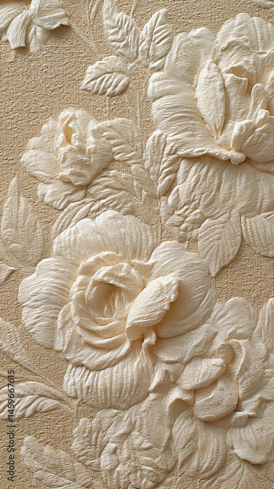 Poster beige fabric texture with embossed cream roses, creating a three-dimensional floral pattern, showcas