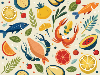 Mediterranean Seafood Vector Border – Vintage Dolce Vita Illustration Pattern

