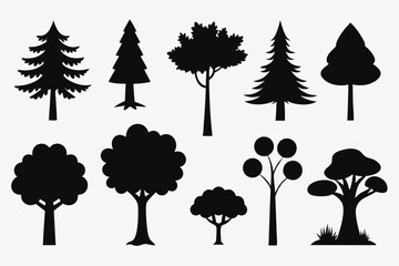 Pine tree silhouettes. Evergreen forest firs and spruces black shapes, wild nature trees templates. Vector illustration woodland trees set on white background