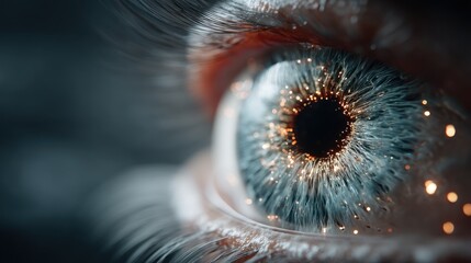 Close-up view of an eye, detailed with glowing particles, showcasing intricate iris and pupil structures.  A digital artistic representation of a human eye