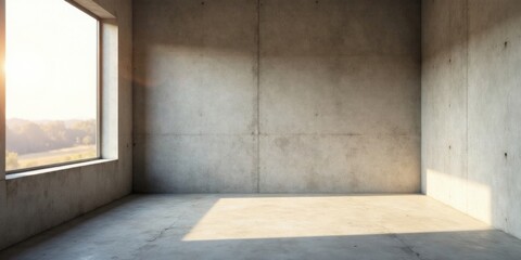 Empty Concrete Room with Sunlight Streaming Through a Large Window Showing a Pastoral Landscape
