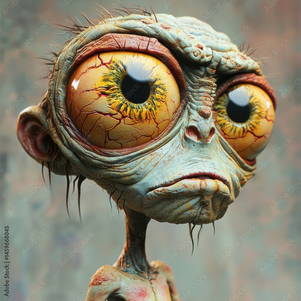 Poster a 3d caricature of a cyclops with a comically large single eye.