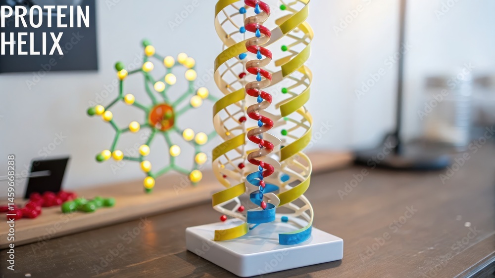 Poster protein structure helix diagram concept. scientific models of dna and protein structures on a desk i