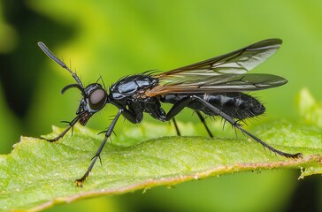 Fototapeta premium Close-up of a Black Insect with Transparent Wings Resting on a Green Leaf Surrounded by Nature in High Definition Macro Photography