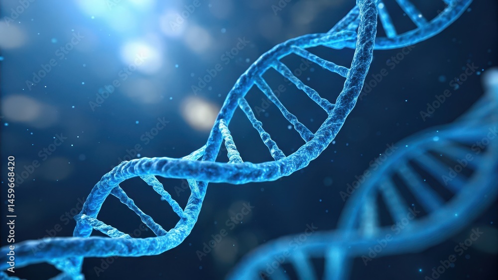Poster protein structure helix diagram concept. blue dna strands in a digital environment create a scientif
