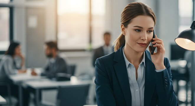 Focused Businesswoman Making an Important Phone Call in Modern Office Setting; Professional Communication and Corporate Success