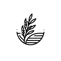 Minimalist Botanical Icon: Leafy Branch in a Bowl, Black & White