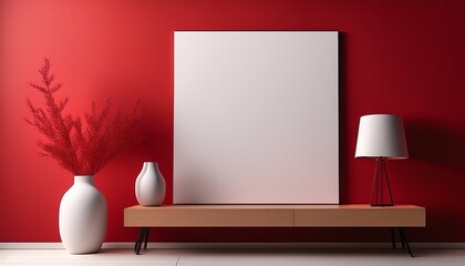 minimalist interior with blank framed canvas in red room featuring lamp and vases on table
