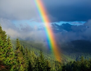 a rainbow paints the sky standing out against the mist below it a forest stretches out peaceful and serene the scene captures the beauty and tranquility of nature after a storm