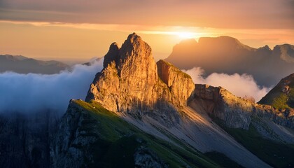 Fototapeta premium dramatic mountain peak at sunrise misty dramatic landscape rugged peak