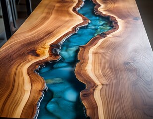 close view of a live edge elm burl slab table top featuring a central epoxy resin river merging natural wood with synthetic material