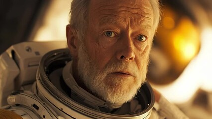 An elderly astronaut with a white beard and thoughtful expression stands inside a space capsule. His calm demeanor and suit details emphasize experience, space travel, and human exploration.