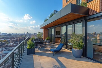 Fototapeta premium Rooftop terrace with city view, outdoor furniture, sunset