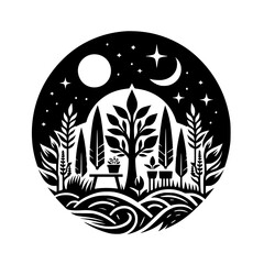 Night Garden Circle: Black and White Silhouette, Moonlit Nature Scene