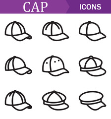 Collection of various hat icons in line art style, featuring different types of hats such as caps, fedoras, and wide-brimmed hats, suitable for fashion, accessories, and lifestyle projects.