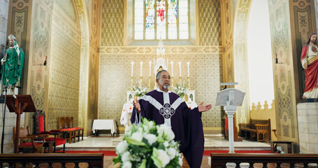 Christian, preacher and man at church in funeral for farewell service, mourning death or grief....
