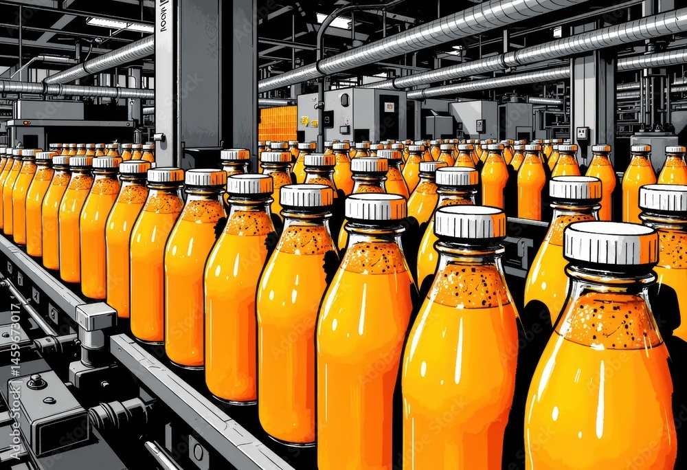 Poster bottles of orange juice on a production line in a factory setting