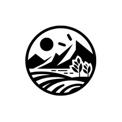 Minimalist Landscape Icon: Mountains, Trees, Sun, & Fields