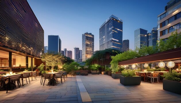 urban restaurant with outdoor seating area at dusk surrounded by city buildings