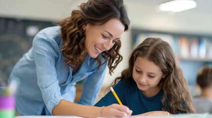 A teacher offering guidance to a young student writing in a classroom setting, with a warm, encouraging atmosphere.