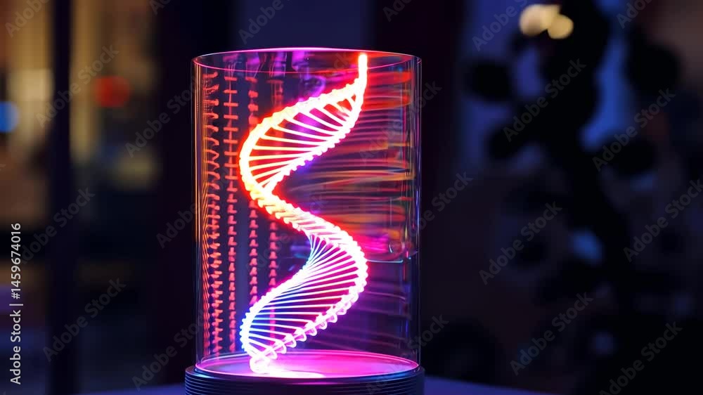 Poster glowing dna strand rotates in a dynamic holographic display with vivid lighting effects and intricat