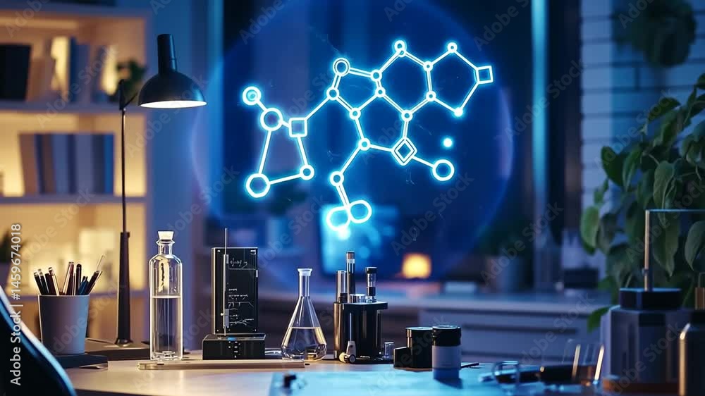 Poster glowing chemical structure diagram displayed in a modern laboratory setting during evening hours