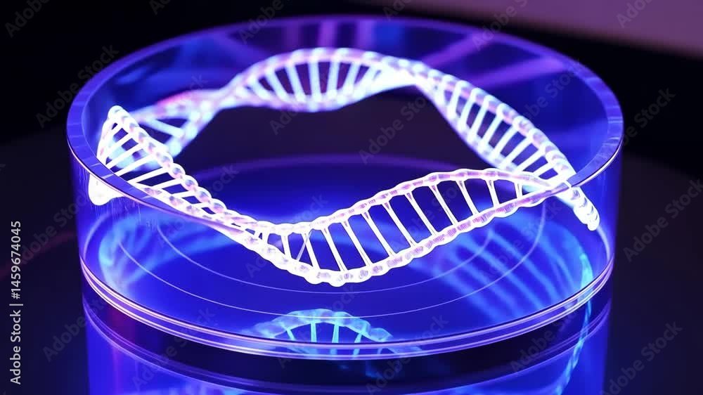 Poster glowing dna strand rotates in advanced holo display showcasing intricate design and technology featu