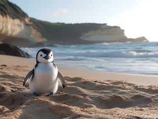 Adorable penguin chick on sandy beach