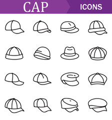 Collection of various hat icons in line art style, featuring different types of hats such as caps, fedoras, and wide-brimmed hats, suitable for fashion, accessories, and lifestyle projects.