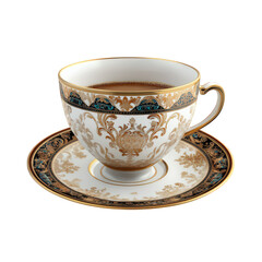 Elegant teacup with golden floral pattern and saucer filled with tea on isolated background