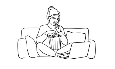 Girl eating popcorn and watching laptop line art, isolated on white background. Relaxing at home, watching movies. Vector illustration