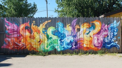 Colorful mural on wooden fence, urban art, vibrant design,  background of trees and street