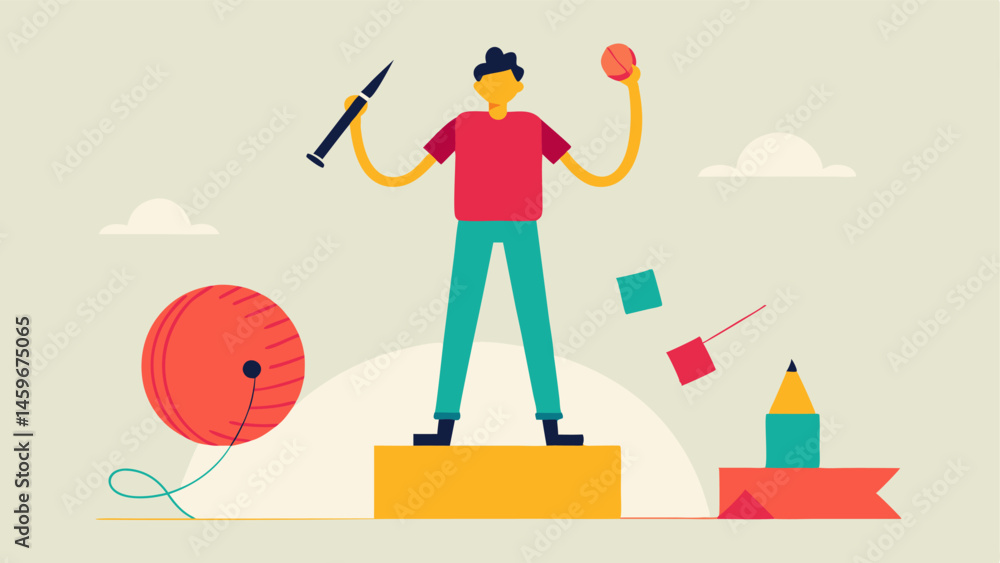 Poster playful environment the character depicted in a cartoonish style with exaggerated features stands on