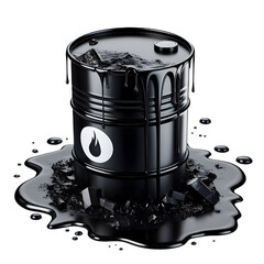 Black oil or petroleum spilled leaking from a black barrel, environmental pollution concept isolate on White background
