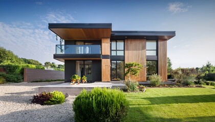 two story modern house with garden