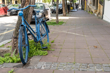 Blaues Fahrrad an Baum in urbaner Straße angeschlossen