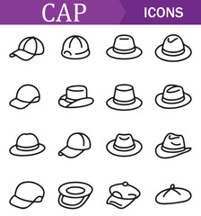 Collection of various hat icons in line art style, featuring different types of hats such as caps, fedoras, and wide-brimmed hats, suitable for fashion, accessories, and lifestyle projects.