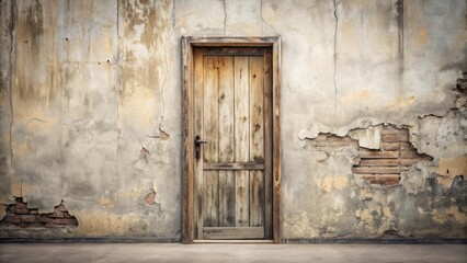 A weathered wooden door set within a crumbling plaster wall, hinting at forgotten stories and the passage of time.
