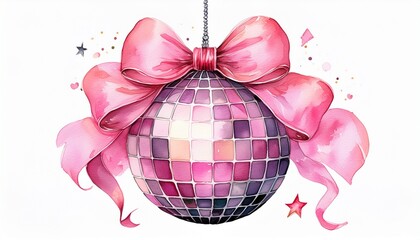 a watercolor pink disco ball with a bow