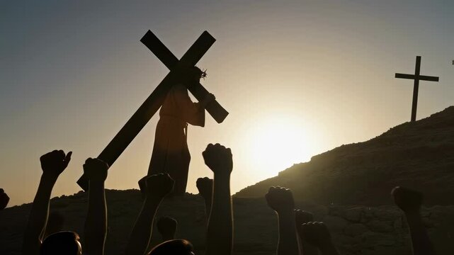 Silhouette of Jesus Christ wearing a crown of thorns, carrying his cross and a screaming crowd. Good Friday, the passion of the Lord Jesus Christ.	