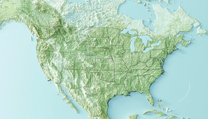 Detailed topographic map of North America, focusing on the United States © Outkast