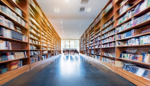 abstract blurred public library interior space blurry room with bookshelves by defocused effect use for background or backdrop in business or education concepts