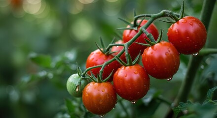 Cluster of cherry tomatoes on the vine, softly blurred garden background, morning dew glistening on leaves.