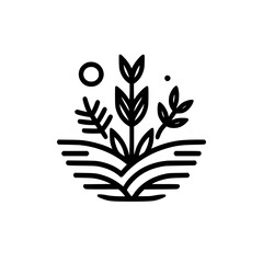 Minimalist Nature Logo: Plants, Sun, and Landscape in Black and White