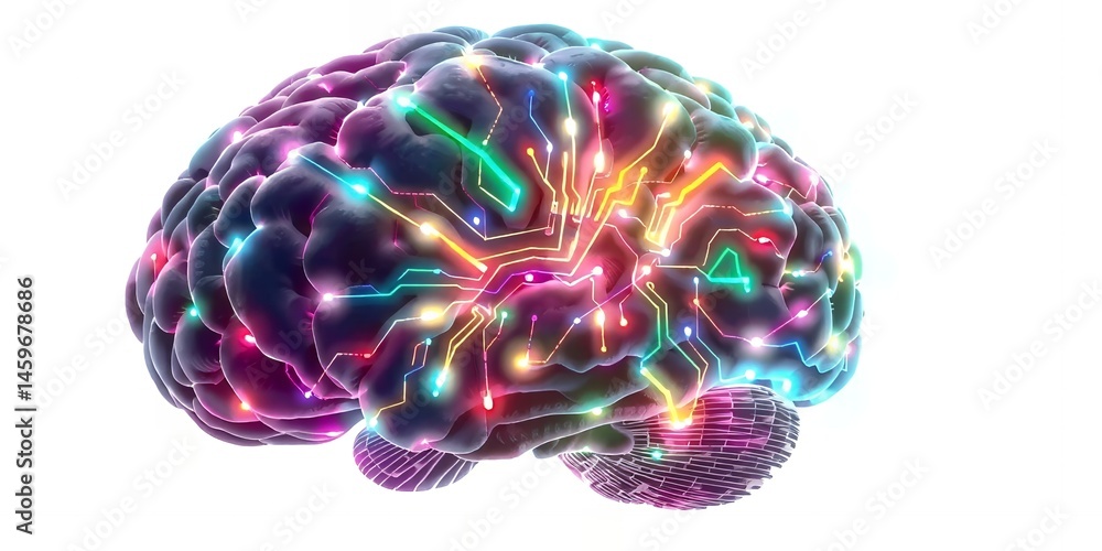 Poster human brain illuminated circuitry neural network ai technology concept