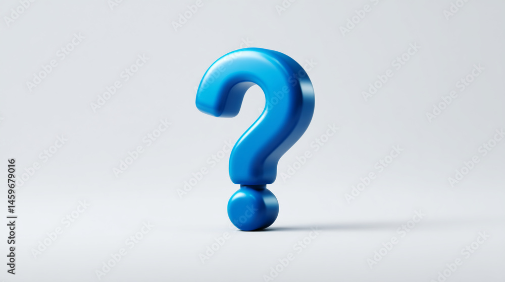 Poster blue 3d question mark on white background, representing inquiry, doubt, or uncertainty, ideal for fa