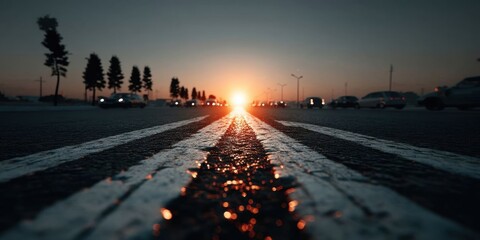Glowing Road with Luminous Arrows at Sunset Symbolizing Progress and Ambition